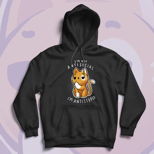 May include: Black hoodie featuring a cartoon cat with the text "I'M NOT ANTISOCIAL I'M ANTISTUPID". The cat is orange and white with a slightly grumpy expression. The hoodie has a drawstring hood and a front pocket.