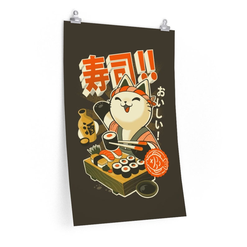 Sushi Cat Poster - Ramen Kawaii Japan Art Print - Neko Foodie - Retro ...