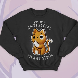 May include: Black sweatshirt featuring a cartoon cat with a sassy expression. The cat is orange and white, with the text "I'M NOT ANTISOCIAL I'M ANTISTUPID" in white above and below the cat. The sweatshirt has long sleeves and a crew neck.
