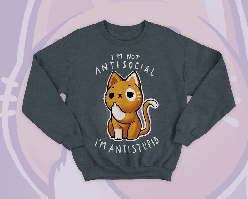 May include: Dark gray sweatshirt with a cartoon cat illustration. The orange cat has a white belly and is giving the middle finger. The text above the cat reads "I'M NOT ANTISOCIAL" and below the cat reads "I'M ANTISTUPID".