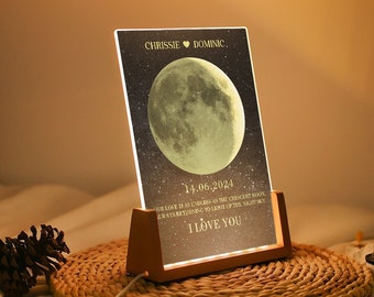 Personalisierte Mond Lampe, Benutzerdefinierte Nachtlicht Mond Phase, LED Acryl Nachtlicht Paar Raumdekor, Valentinstag Geschenk Plakette für Ihn Sie