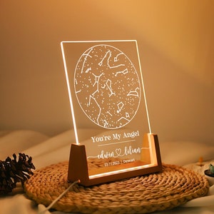 Mapa de estrellas personalizado por fecha luz nocturna, placa de mapa de primera fecha personalizada, lámpara de mapa de constelación, cielo nocturno real por fecha y ubicación, regalo ideal
