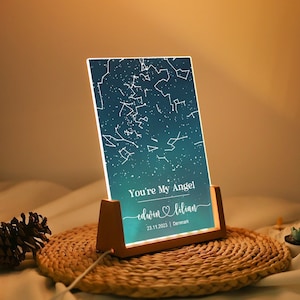 Veilleuse personnalisée avec carte des étoiles, carte de la constellation du ciel par date, plaque de lieu, lampe à LED acrylique, cadeaux pour couples, cadeaux de fiançailles d'anniversaire