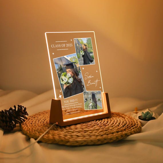 Personalized Graduation Night Light With Photo - Custom Wooden Frame LED Light For Class Of 2025