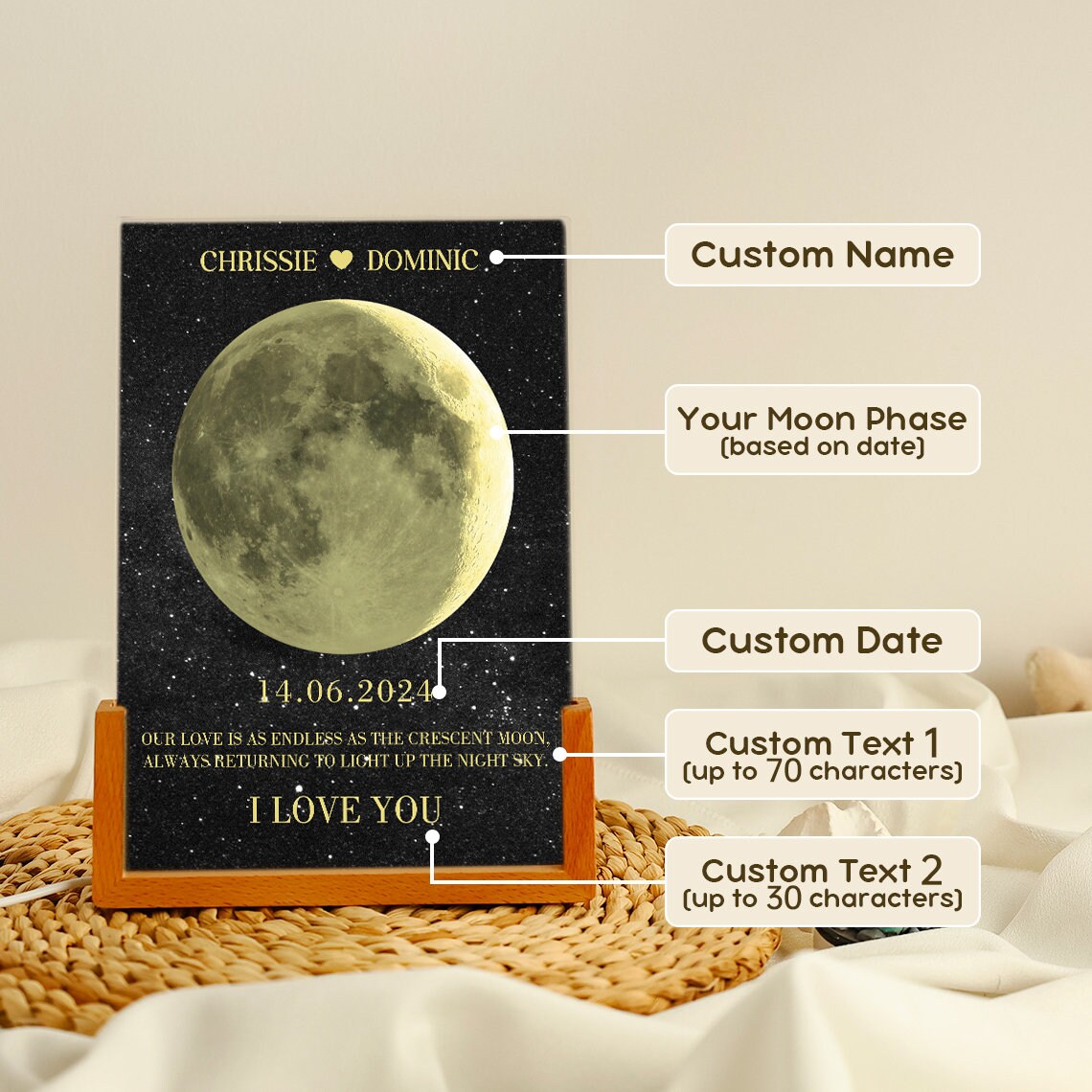 Personalized Moon Lamp, Custom Night Light Moon Phase, LED Acrylic ...