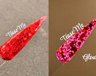 Tease Me Red Glitter Dip Powder, UV Glow Nail Color