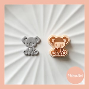 May include: Two koala-shaped cookie cutters. One is a solid gray color, and the other is a light brown color with a darker brown outline. The koalas are sitting with their arms and legs together. The background is white.