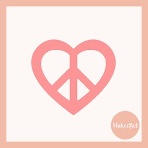 May include: Pink peace sign inside a heart shape. The image has a white background and a pink circle with the text "MakerBel" in white.