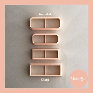 May include: Four plastic cookie cutters, two with rounded edges and two with sharp edges. The cutters are arranged vertically, with the rounded cutters on top and the sharp cutters on the bottom. The cutters are all the same size and shape, and they have a single divider in the middle. The text "Rounded" is above the top cutters, and the text "Sharp" is below the bottom cutters. The text "MakerBel" is in the lower right corner of the image.