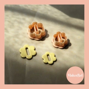 May include: Four cookie cutters in the shape of a flower with a center hole. Two are light pink and two are yellow. The yellow cutters are on a light brown surface. The text "MakerBel" is visible in the lower right corner of the image.