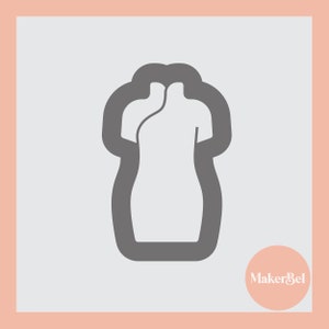 May include: A gray outline of a dress form, a common tool used in fashion design and sewing.