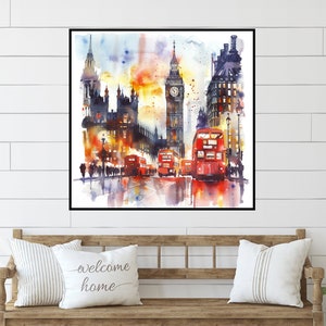 Impresión artística de acuarela del horizonte nocturno de Londres, arte mural del paisaje urbano de Londres, ilustración imprimible de autobuses rojos de dos pisos y el Big Ben.