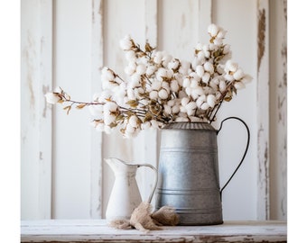 Farmhouse Tin Pitcher Art: Country Rustic Wall Art, Still Life Poster, Watering Can with Cotton Print, Vintage Wall Decor