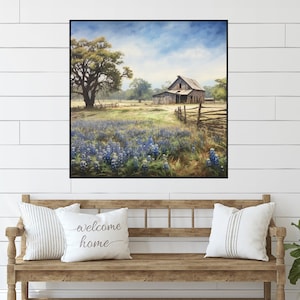 農家風ブルーボネット納屋の壁アート、素朴なプリント、青い花、田舎の風景、水彩画、テキサス州オースティン、農家風装飾、カントリー風装飾