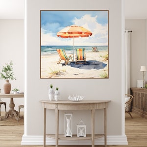 Umbrella and Beach Chairs Print, Watercolor Coastal Wall Art, Coastal Water Ocean Photography, Beach Wall Decor, Seaside photography poster