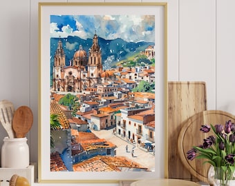 絵画 70s Mexico art Taxco Painting Mexico Art Print Silver City of Taxco Mexico