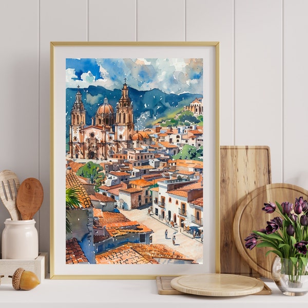 Taxco Painting Mexico Art Print Silver City of Taxco Mexico Travel Poster Santa Prisca Watercolor Art Travel Gift Art Digital Download