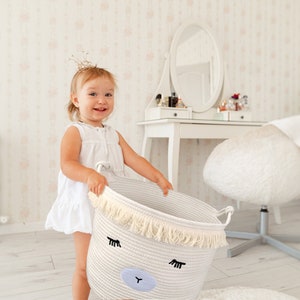 adorable lamb basket. soft cotton rope basket for nursery storage. sheep nursery theme. lamb nursery theme.