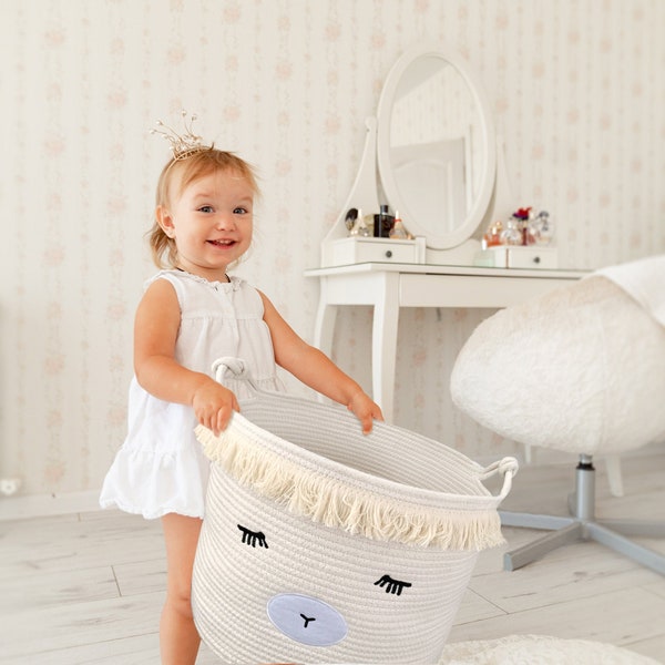 Cotton Rope Nursery Storage Basket - Cute Lamb Woven Hamper for Kids/toddlers, Stuffed Animal Toy Storage Bin, Large Decorative Baby Basket