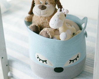 Cute Cotton Rope Storage Basket - Blue Fox Woven Laundry Hamper for Nursery, Stuffed Toy Storage Bin for Kids, Large Decorative Baby Basket