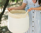Cotton Rope Basket with Corn Skin - Large Woven Storage Basket for Laundry, Decorative Baby Organizer, White Housewarming Home Decor Gift