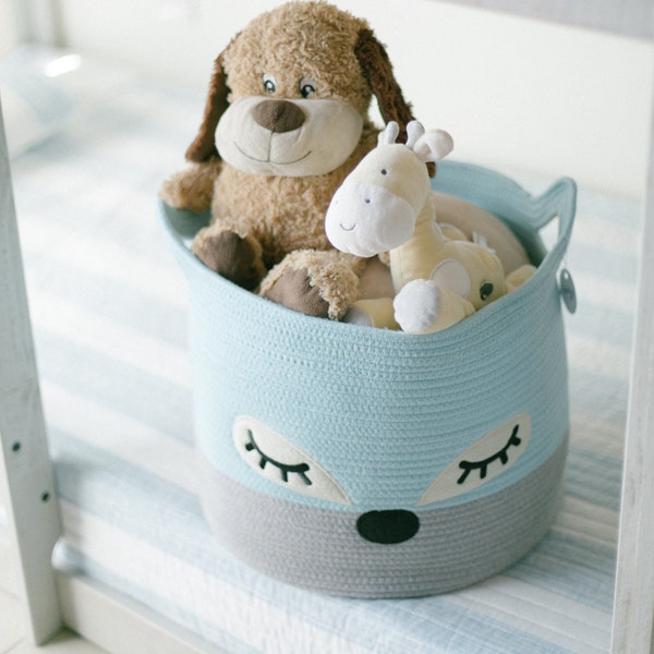 Cute Cotton Rope Storage Basket - Blue Fox Woven Laundry Hamper for Nursery, Stuffed Toy Storage Bin for Kids, Large Decorative Baby Basket