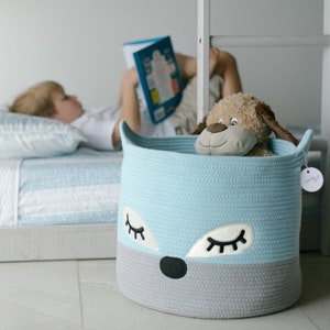 Blue Fox Woven Laundry Hamper for Nursery, Stuffed Toy Storage Bin for Kids, Large Decorative Baby Basket, Baby Shower Basket, Toy Bin