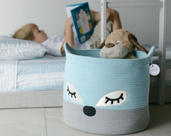 Blue Fox Woven Laundry Hamper for Nursery, Cute Baby Shower Basket, Toy Storage Bin for Kids, Large Decorative Baby Basket, Toy Bin