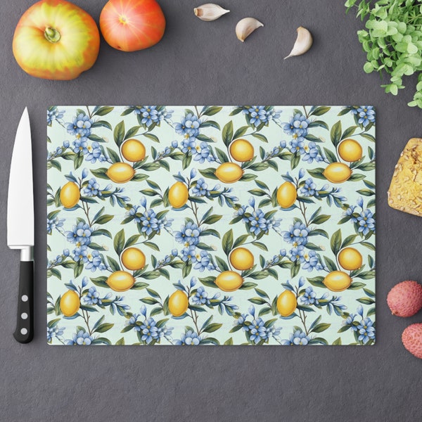 Italian Lemons Floral Cutting Board, Blue and Yellow Kitchen Decor, Housewarming Gift for Her, Tempered Glass Cutting Board, Lemon Decor