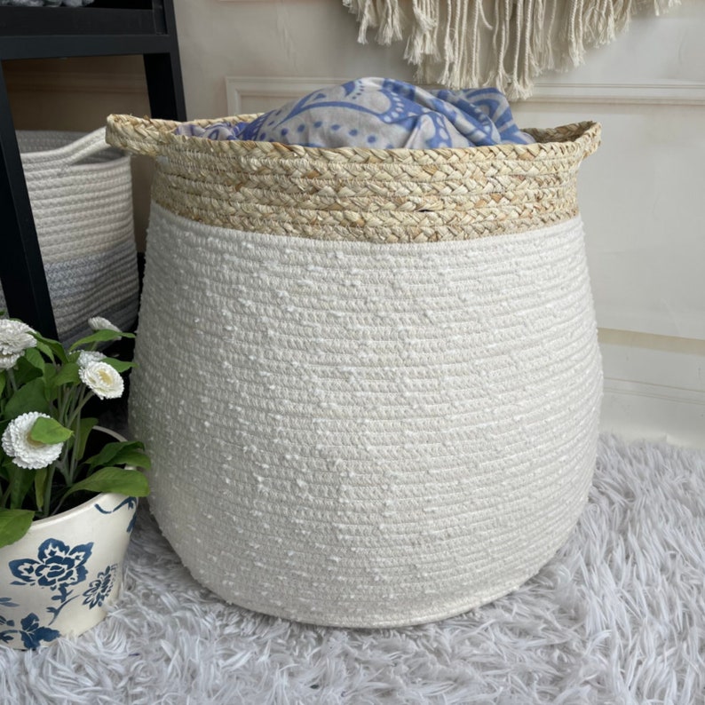 Cotton Rope Basket With Corn Skin Large Woven Storage Basket Etsy