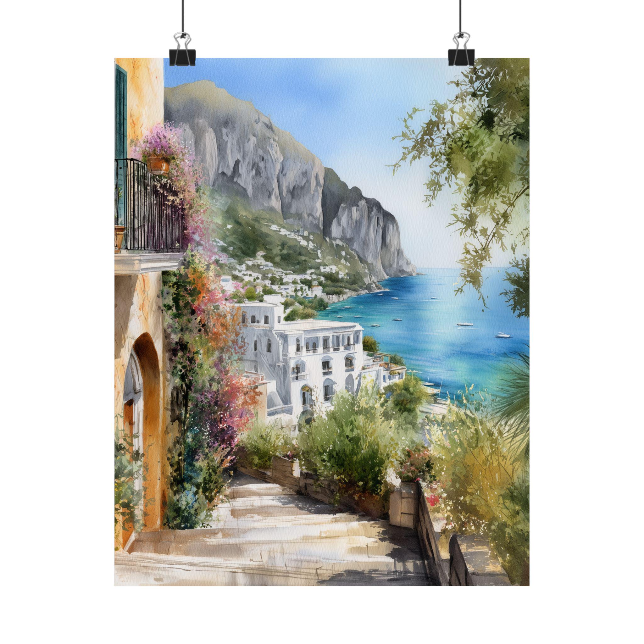 カプリ島（イタリア）の水彩画：地中海の海景旅行ポスター - Etsy 日本