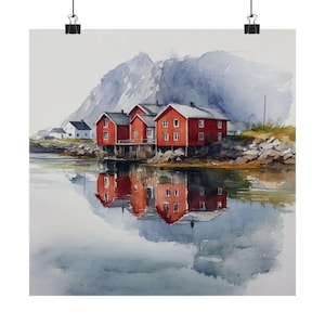 Lofoten Artwork, Norway Watercolor Painting, Water Reflection, Mountains Landscape, Norwegian Travel Poster, Scandinavian Travel Gift