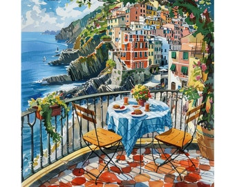 Schilderij van Cinque Terre, mediterrane aquarel kunstprint, Italiaanse kustmuurdecoratie, Italiaans zeegezicht, print, reiskunst uit Europa