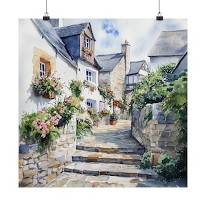 Arte de Bretaña, Francia, arte mural francés, impresión de paisaje urbano, pintura de acuarela europea, regalo de viaje a Francia, póster de viaje a Europa, adoquín