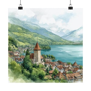 Fluelen Switzerland Art, Lake Lucern Watercolor Painting, Canton of Uri, Swiss Wall Art, Travel Poster, Travel Gifts