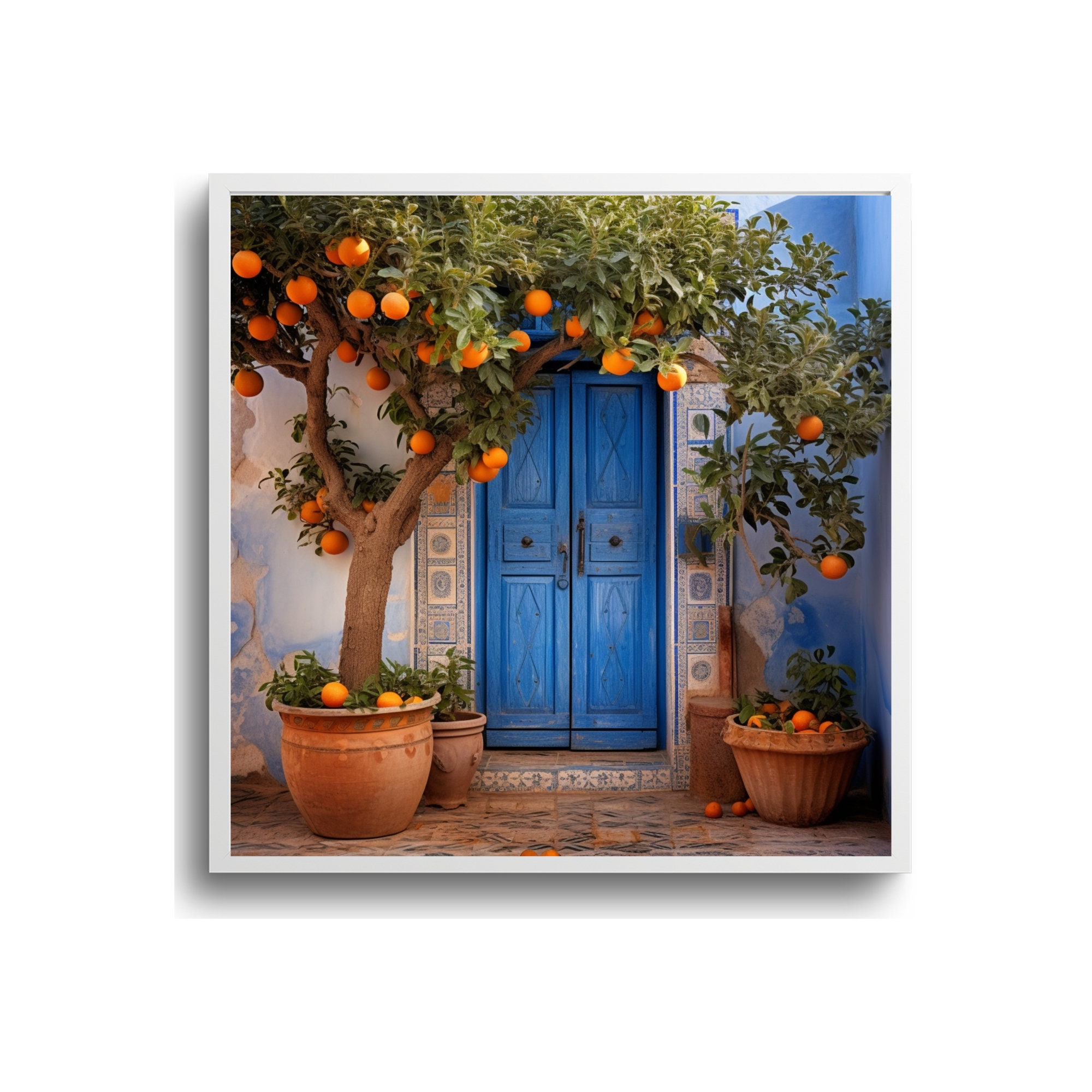 Mediterranean Orange Tree Wall Art, Rustic Blue Door Mosaic and Oranges ...
