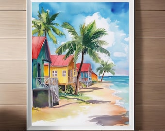 Barbados Art Print, Seascape Watercolor Painting, Caribbean Travel Gift, Tropical Island Wall Art, Caribbean Island Colorful Houses Download