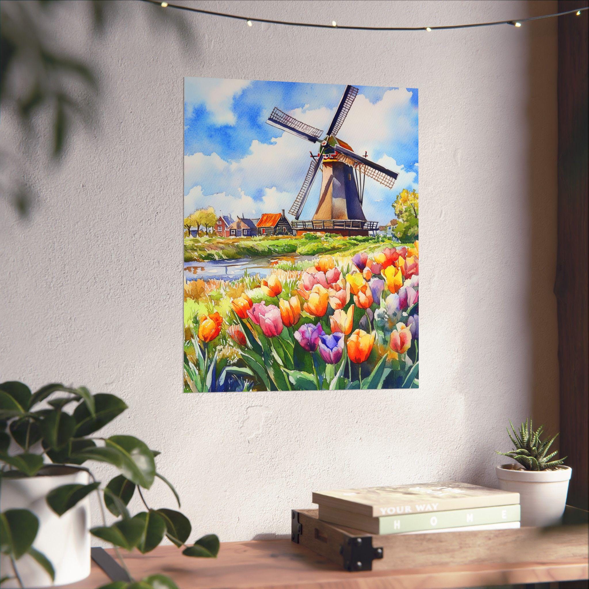 The Netherlands Painting, Holland Watercolor Print, Windmill in