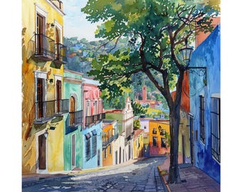Guanajuato Painting, Mexico Art Print, Colorful Spanish Colonial Architecture, Guanajuato City Streetscape Art, Travel Poster, Travel Gift