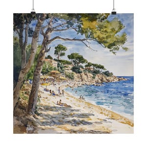 Ilustración de la Playa Paloma de la Costa Azul, acuarela francesa, impresión artística de la Riviera Francesa, impresión de playa, póster de viaje, regalo de viaje a Europa