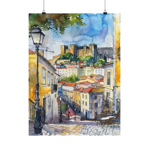 Portugal Painting Lisbon Streetscape Art Print, Portuguese Watercolor Print, Portugal Travel Art, Lisbon Castle, Europe Wall Decor image 5