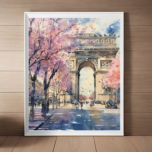 Paris Painting Arc de Triomphe Art Print, Spring Wall Art, French Cityscape Watercolor Print, France Travel Art
