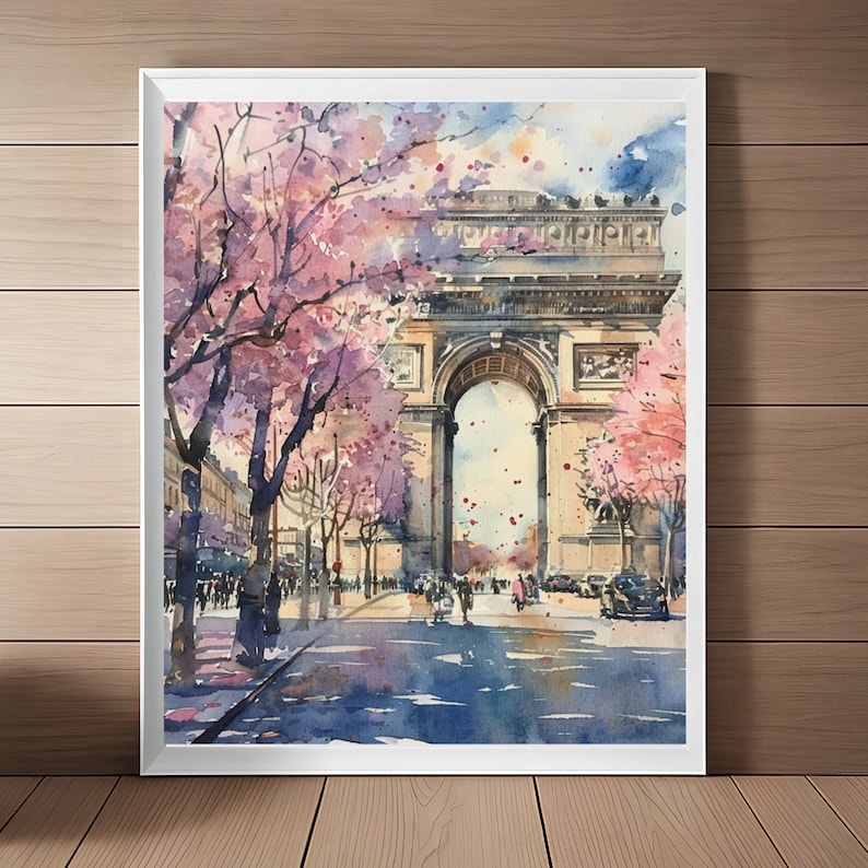 Paris Painting Arc de Triomphe Art Print, Spring Wall Art, French Cityscape Watercolor Print, France Travel Art