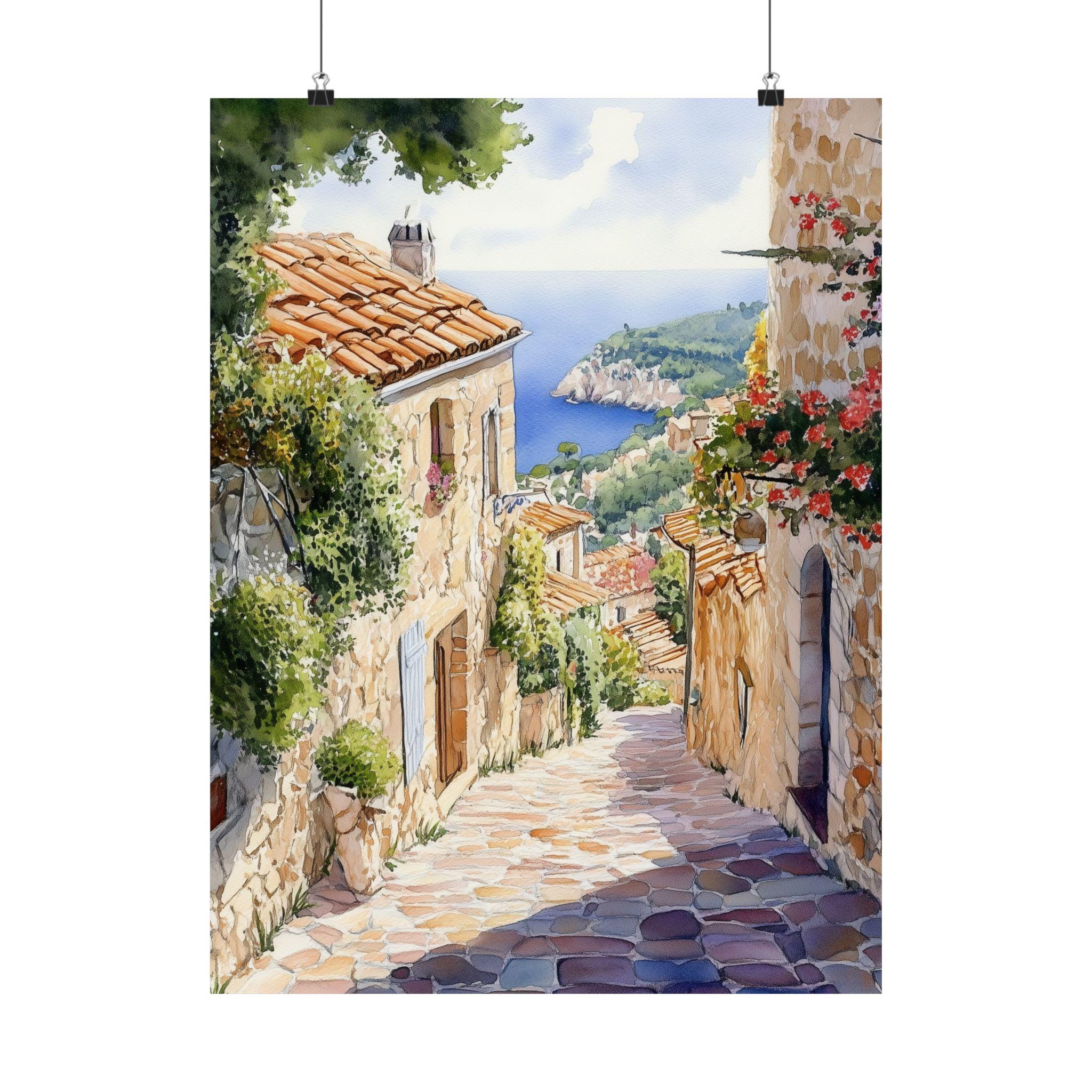 Èze Art, French Watercolor Painting, Southern France Seascape