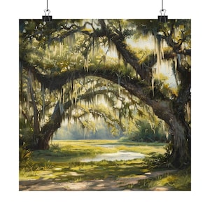 Mossy Oak Trees Art, Charleston Painting, Coastal Oak Trees with Spanish Moss Watercolor Print, South Carolina Landscape Art, Travel Gift