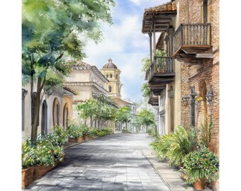 Cali Kolumbien Historisches Zentrum Straßenbild: Kolumbianische Aquarell Malerei, Reise Druck, Südamerika Reise Poster Geschenk