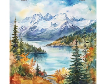 May include: A watercolor painting of a mountain lake scene with snow-capped mountains in the background. The foreground features a path leading through a forest of evergreens and deciduous trees with fall foliage in shades of orange, yellow, and red.