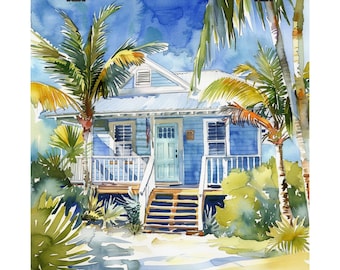Key West Art, Florida Cottage Painting, Watercolor Print, Island Beach Art, South Florida Poster, Travel Art, Jimmy Buffett Art, Hemingway