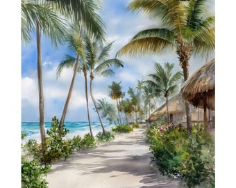 Acuarela de Punta Cana: Lámina artística de la República Dominicana, Obra de arte caribeña, Póster de viaje tropical