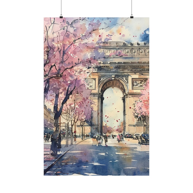 Paris Painting Arc de Triomphe Art Print, Spring Wall Art, French Cityscape Watercolor Print, France Travel Art